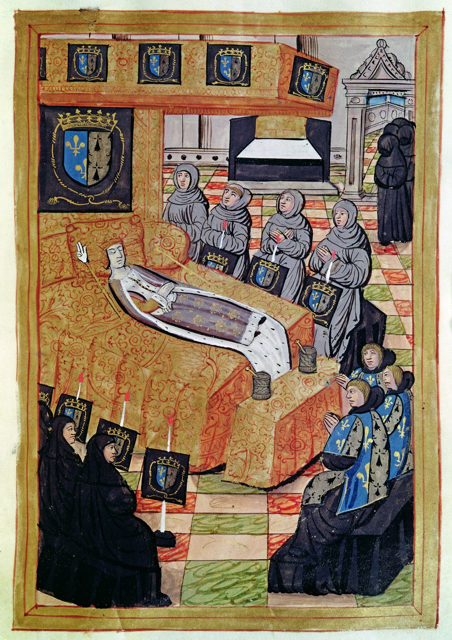 fol.12r Księżna królowa na łożu śmierci, z relacji o pogrzebie Anny Bretańskiej (1477-1514) 1515 autorstwa Jean Perreal