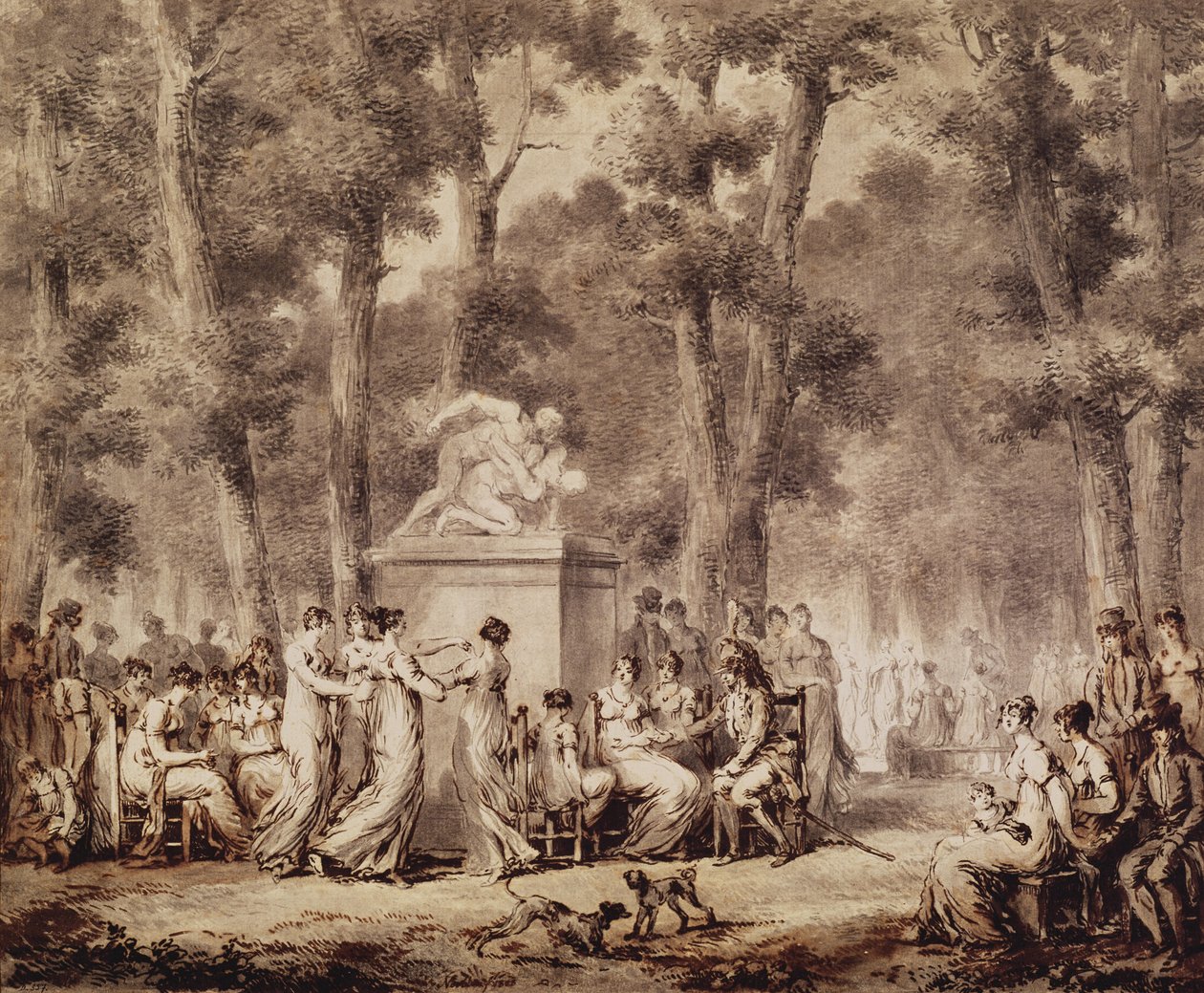 Jardin des Tuileries w 1808 r. (pióro i atrament oraz bistre na papierze) autorstwa Jean Pierre Norblin de La Gourdaine