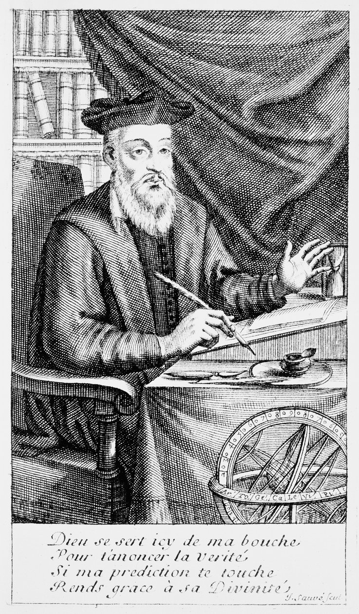 Nostradamus piszący swoje proroctwa (grawerunek bw) autorstwa Jean Sauvé