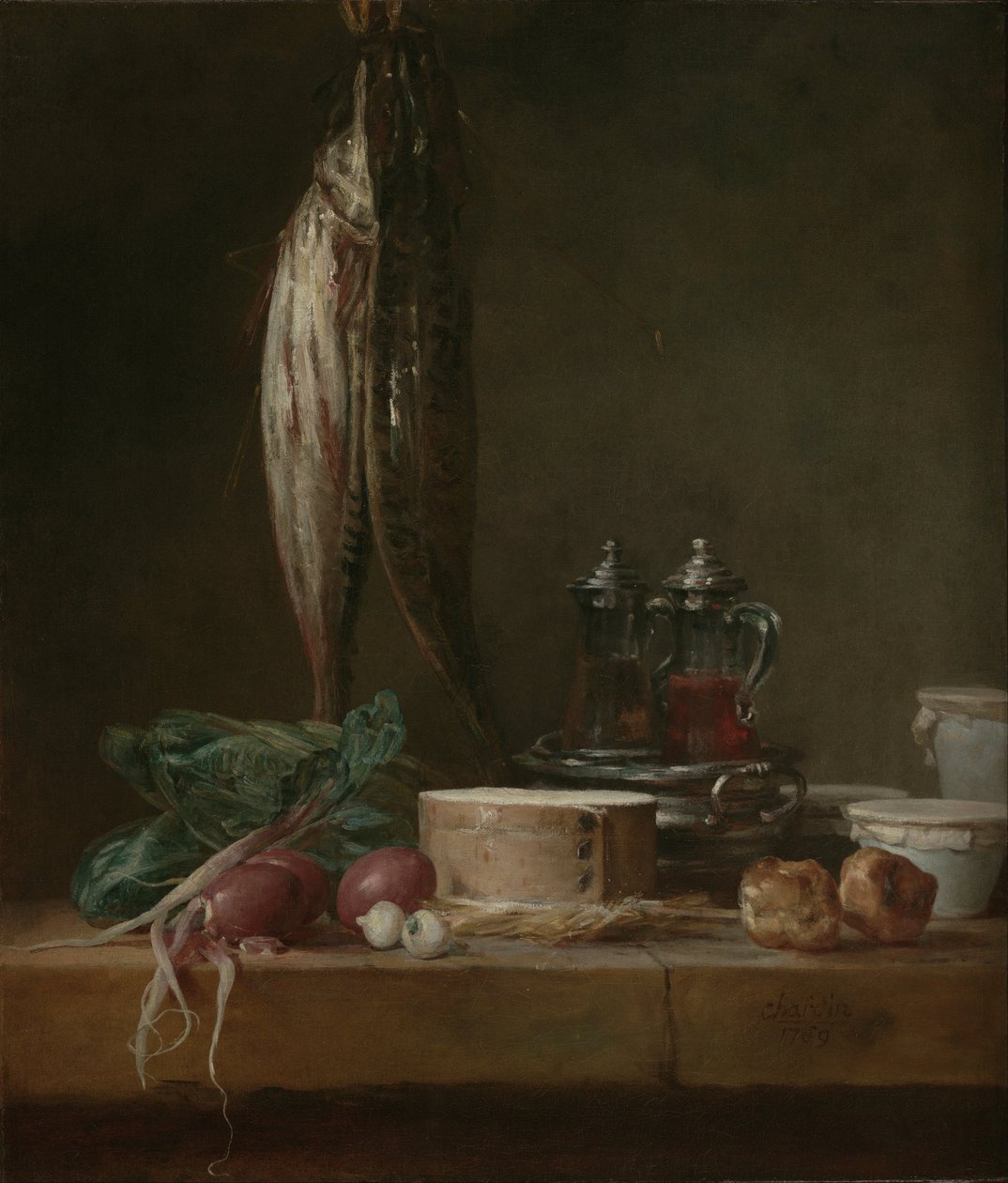 Martwa natura z rybami, warzywami, gougères, garnkami i ampułkami na stole autorstwa Jean Baptiste Simeon Chardin