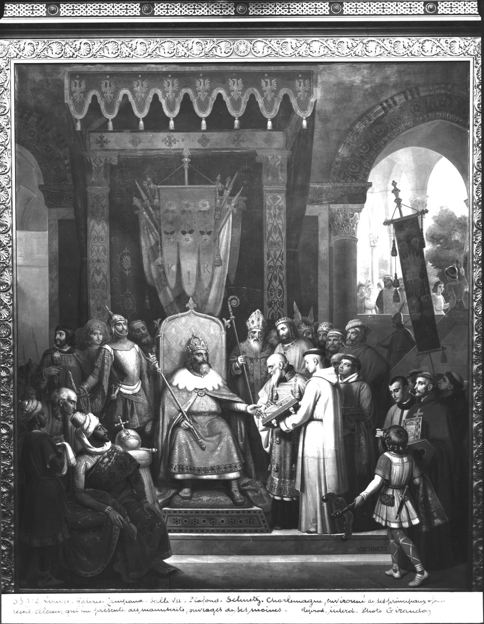 Cesarz Karol Wielki (747-814) w otoczeniu swoich głównych oficerów, przyjmujący Alkuina (ok. 735-804), który prezentuje kilka rękopisów wykonanych przez jego mnichów autorstwa Jean Victor Schnetz