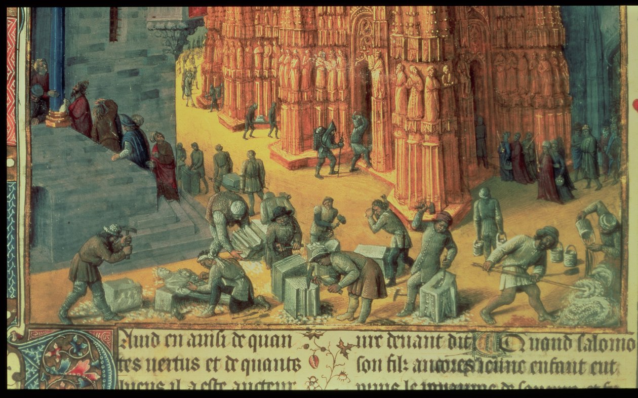 Fr 847 f.153 Budowa Świątyni Jerozolimskiej, szczegół ukazujący kamieniarzy przy pracy, ilustracja z „Antiquites Judaiques”, ok. 1470-76 autorstwa Jean Fouquet