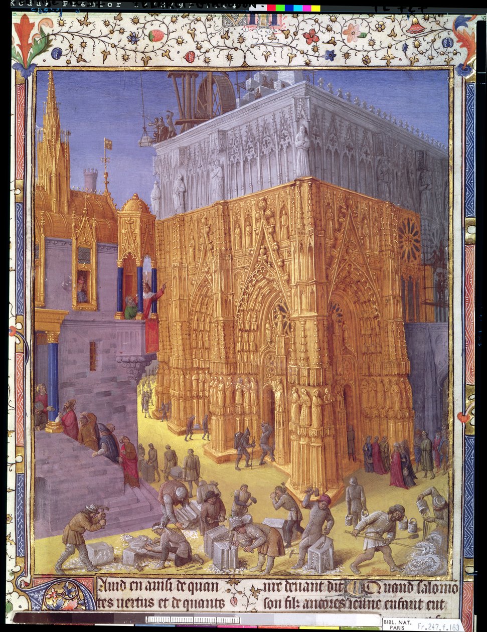 Ms Fr 247 f.153v Budowa Świątyni Jerozolimskiej, ilustracja z „Antiquites Judaiques”, c.1470 autorstwa Jean Fouquet