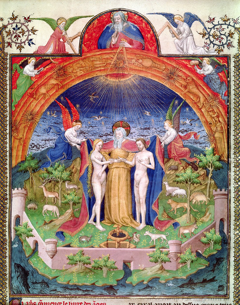 Ms Fr 247 f.3 Stworzenie, Bóg przedstawiający Adama i Ewę, ilustracja z "Antiquites Judaiques", ok. 1470 r. autorstwa Jean Fouquet