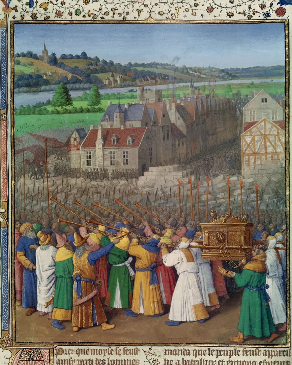 Ms Fr 247 f.89 Upadek Jerycha, ilustracja z „Antiquites Judaiques”, c.1470 autorstwa Jean Fouquet