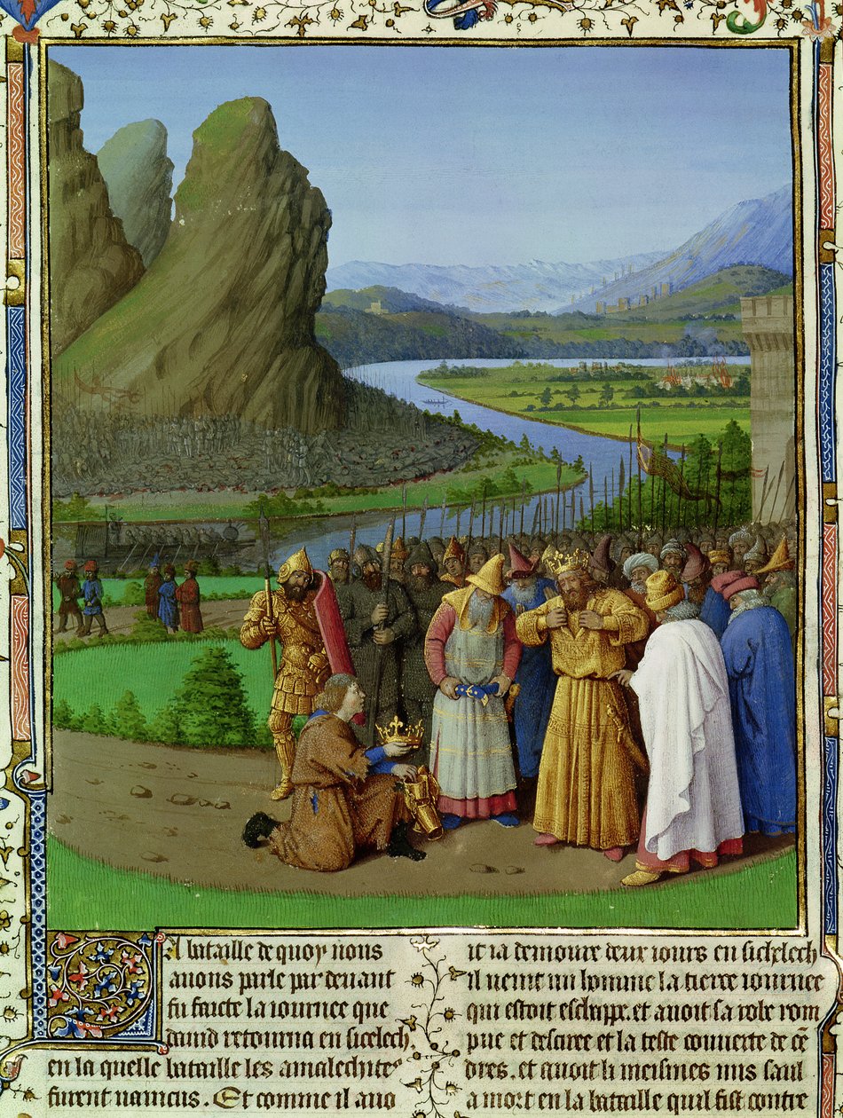 Ms Fr 247 fol.135 Dawid Nauka o śmierci Saula, ilustracja z „Antiquites Judaiques”, c.1470 autorstwa Jean Fouquet