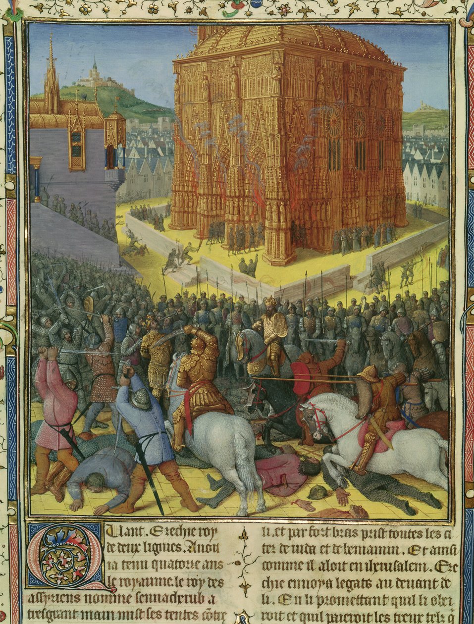 Ms Fr 247 fol.213 Oblężenie Jerozolimy przez Nabuchodonozora, ilustracja z „Antiquites Judaiques”, c.1470 autorstwa Jean Fouquet