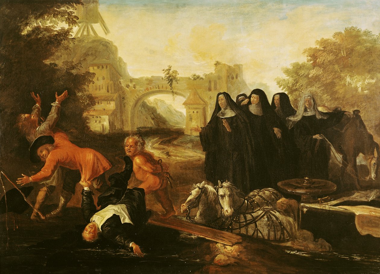 Opatka Etival powracająca do Le Mans z czterema zakonnicami, z „Roman Comique” Paula Scarrona (1610-60) 1712-16 autorstwa Jean de Coulom