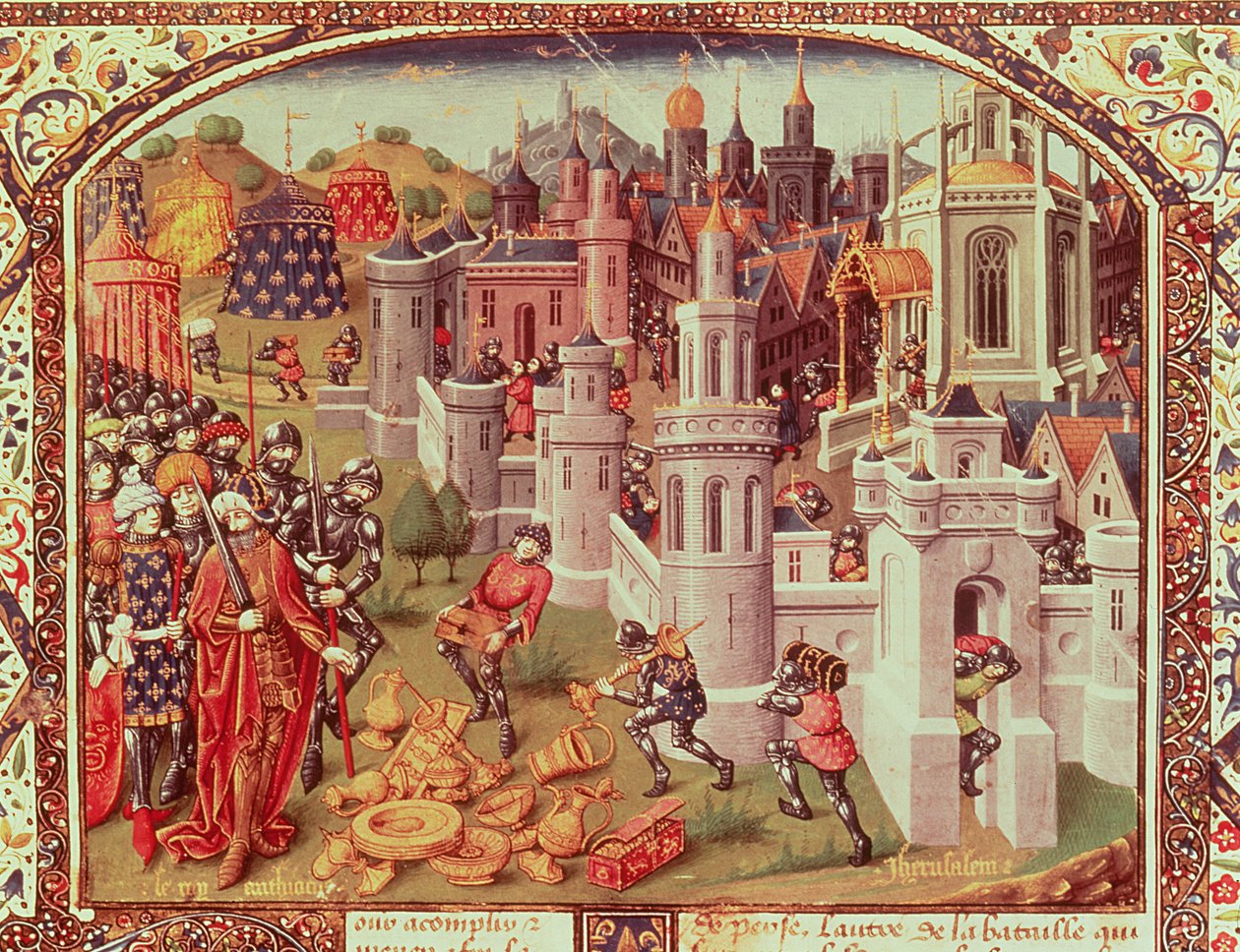 Fr.20124 f.331 Grabież Jerozolimy po zdobyciu przez chrześcijan w 1099, miniatura iluminowana z kroniki uniwersalnej, 1440 autorstwa Jean de Courcy