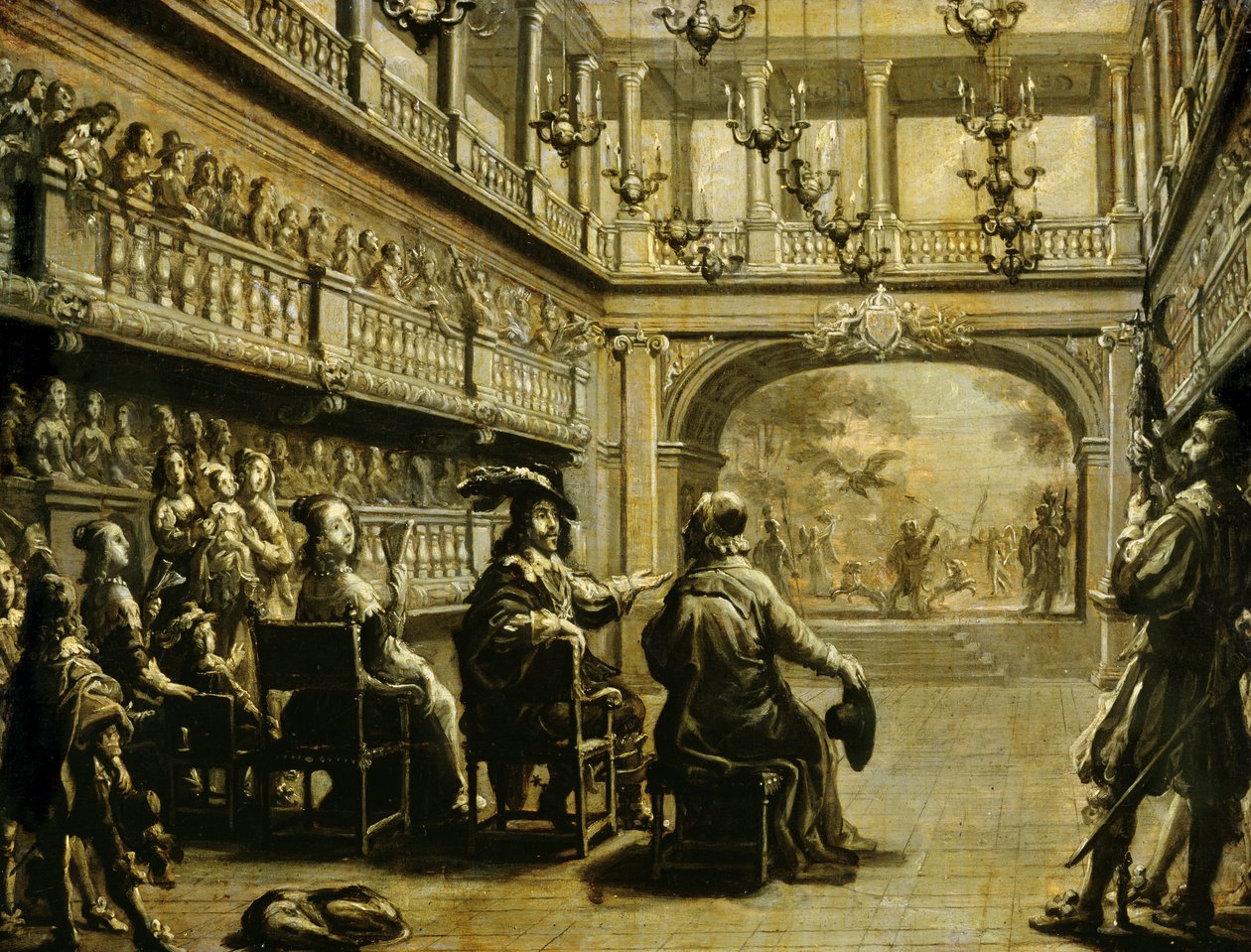 Ludwik XIII (1601-43) Anna Austriacka (1601-1666) i kardynał Richelieu (1585-1642) w inscenizacji „Mirame”, sztuki J. Desmarest de Saint-Sorlin, w Palais Cardinal (obecnie Palais Royal ) Paryż autorstwa Jean de Saint Igny