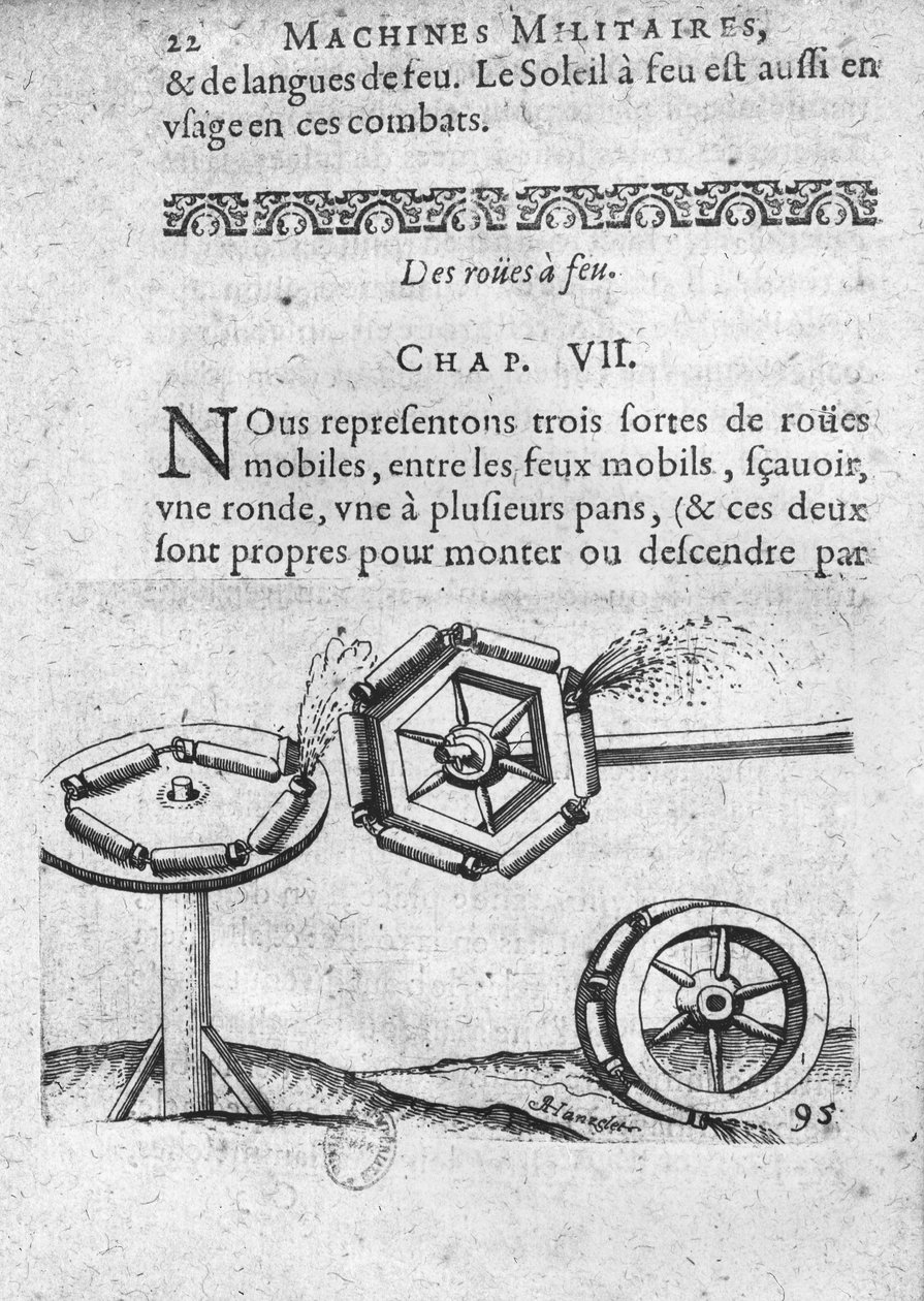 Koła do fajerwerków, ilustracja z "Recueil de plusieurs machines militaires et feux artificiels pour la guerre et recreation" Francois Thybourel, Pont-a-Mousson, 1620 r. autorstwa Jean, known as Hanzelet Appier