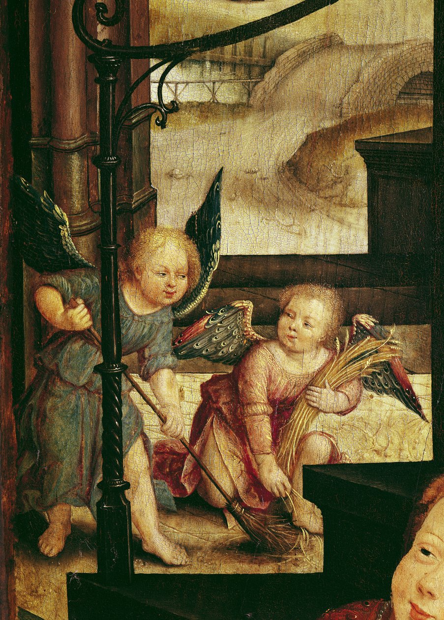 Tryptyk Adoracja Dzieciątka, fragment dwóch aniołów wymiatających z prawego panelu, 1529 autorstwa Jean the Elder Bellegambe
