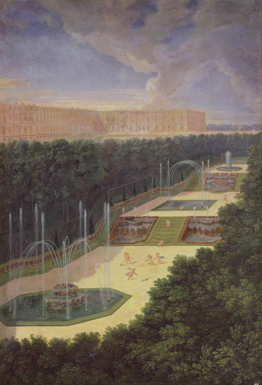 Gaje wersalskie, widok perspektywiczny trzech fontann z grabiącymi i podlewającymi cherubinami, 1688 autorstwa Jean the Younger Cotelle