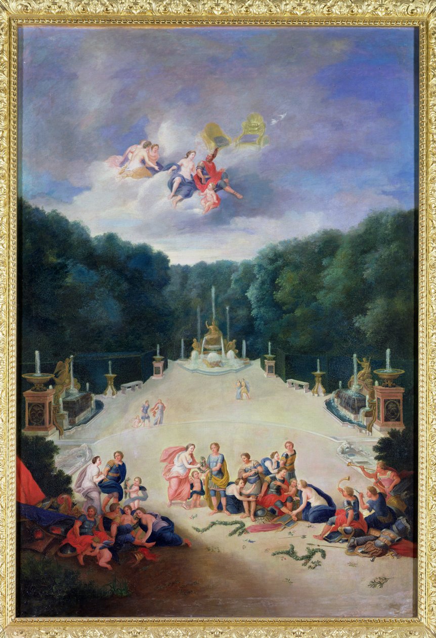Gaje wersalskie. Widok Łuku Triumfalnego i Francji triumfującej z nimfami trzymającymi jeńców przed Wenus i Marsem, 1688 r. autorstwa Jean the Younger Cotelle