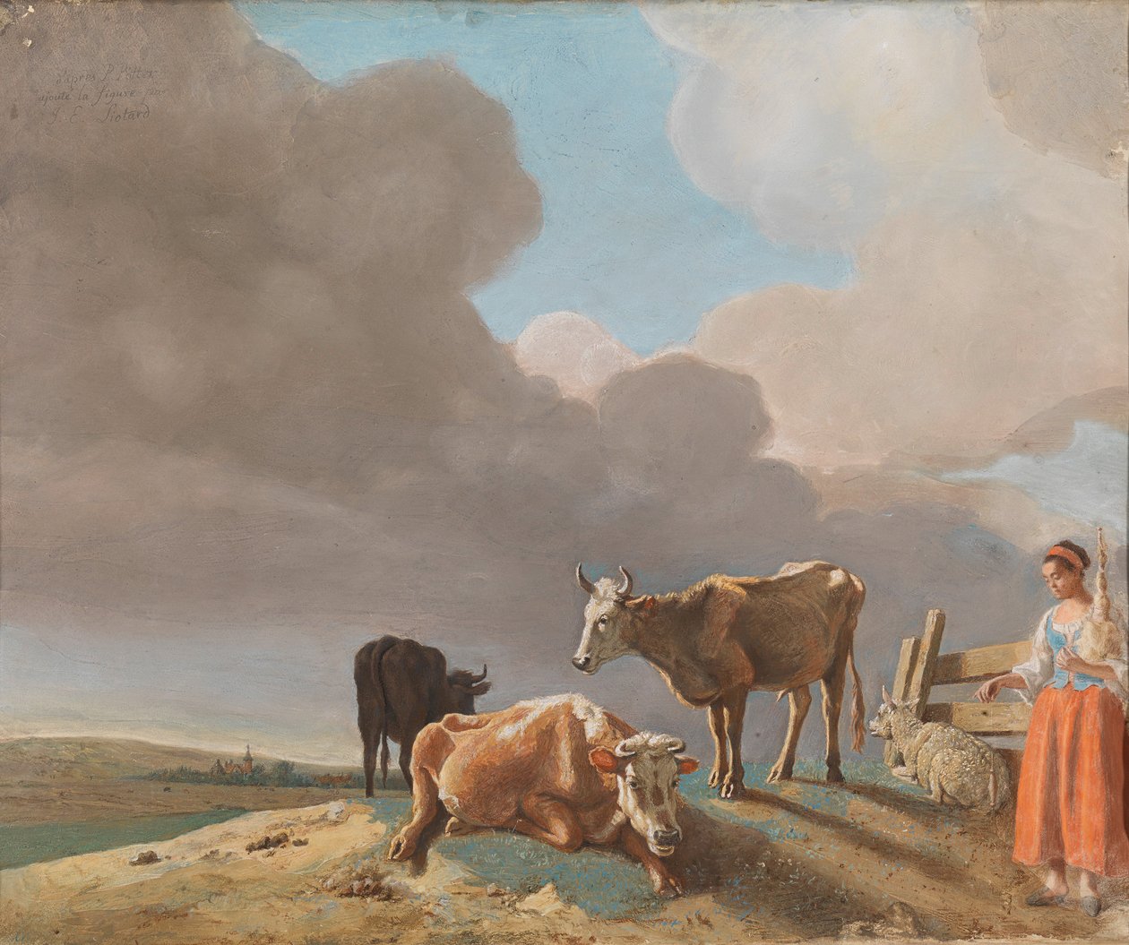 Krajobraz z krowami, owcami i pasterką autorstwa Jean Étienne Liotard