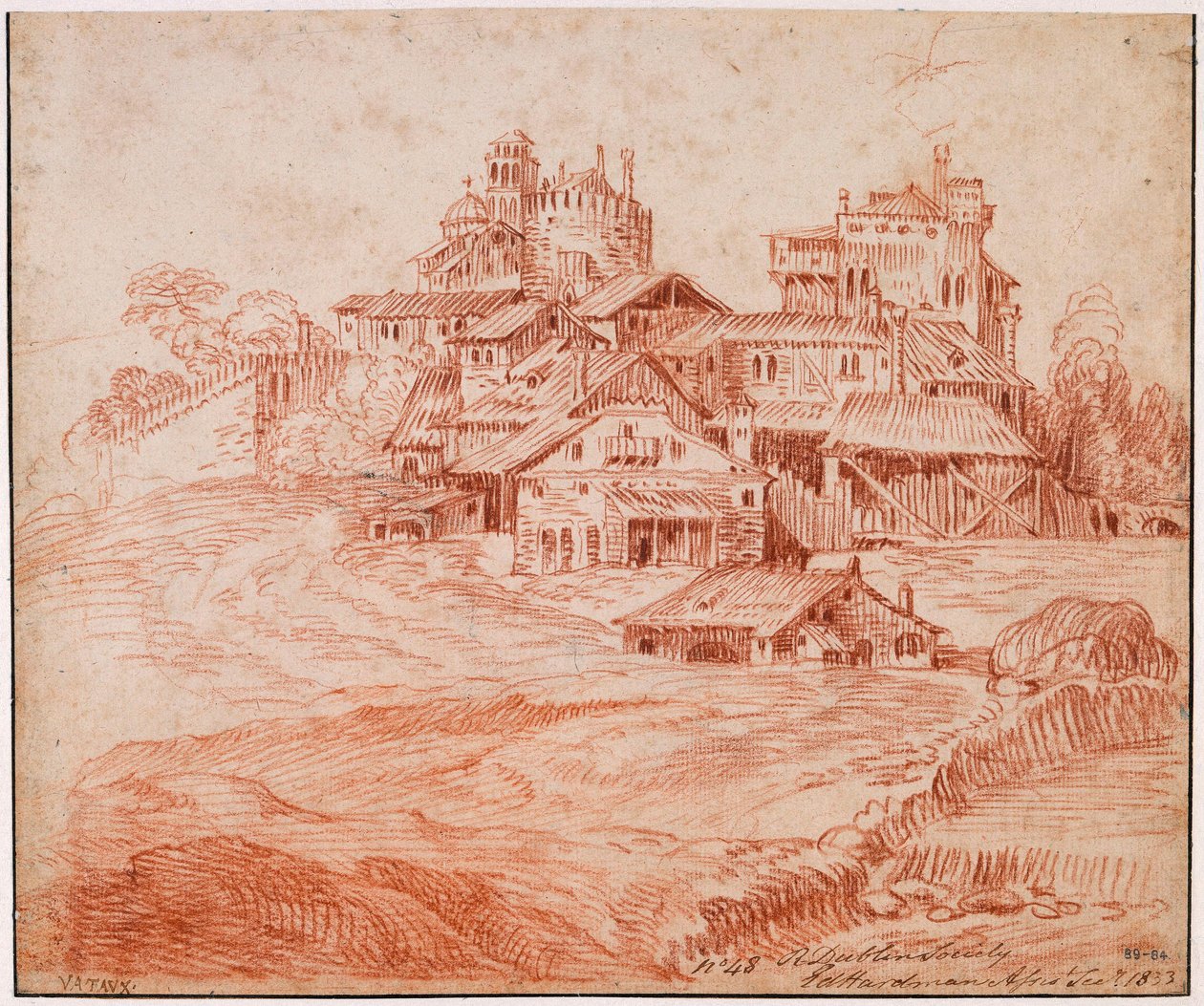 Befestigtes Dorf mit Burg, Bergfried und Kirche autorstwa Jean-Antoine Watteau