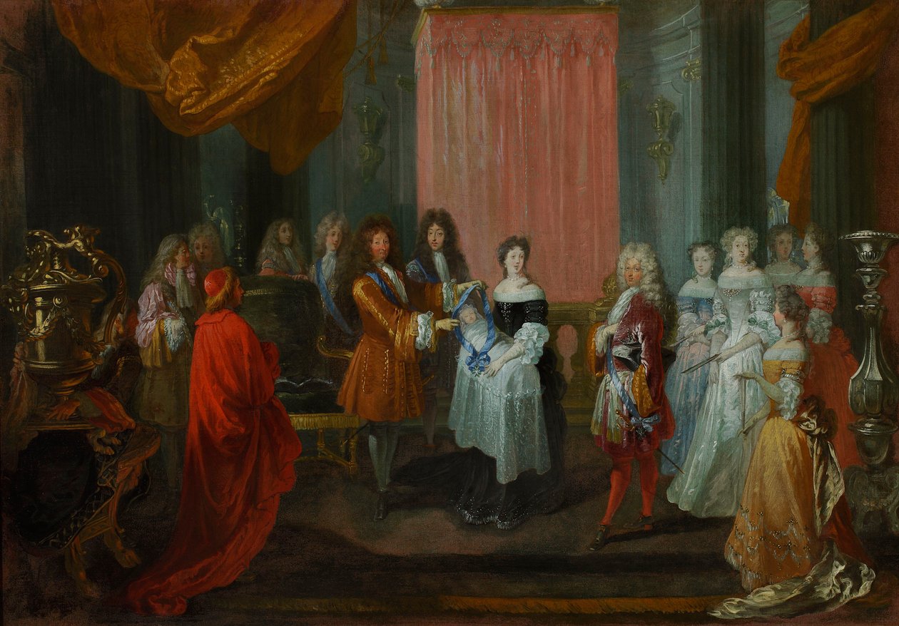Ludwik XIV dekoruje orderem cordon bleu księcia Burgundii, ojca przyszłego Ludwika XV. autorstwa Jean-Antoine Watteau