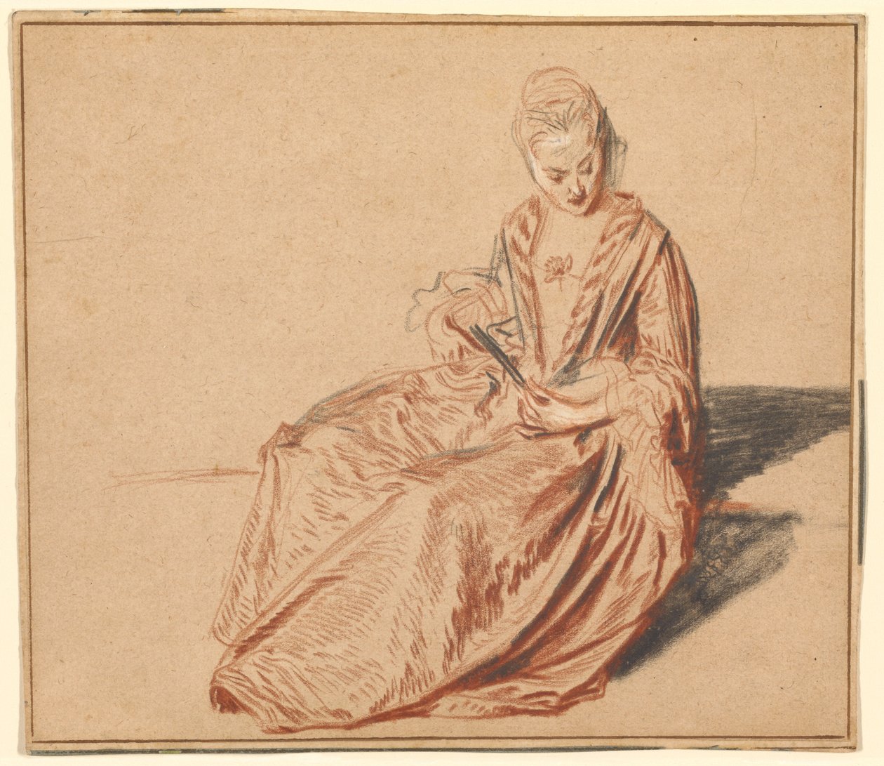 Siedząca kobieta z wachlarzem autorstwa Jean-Antoine Watteau