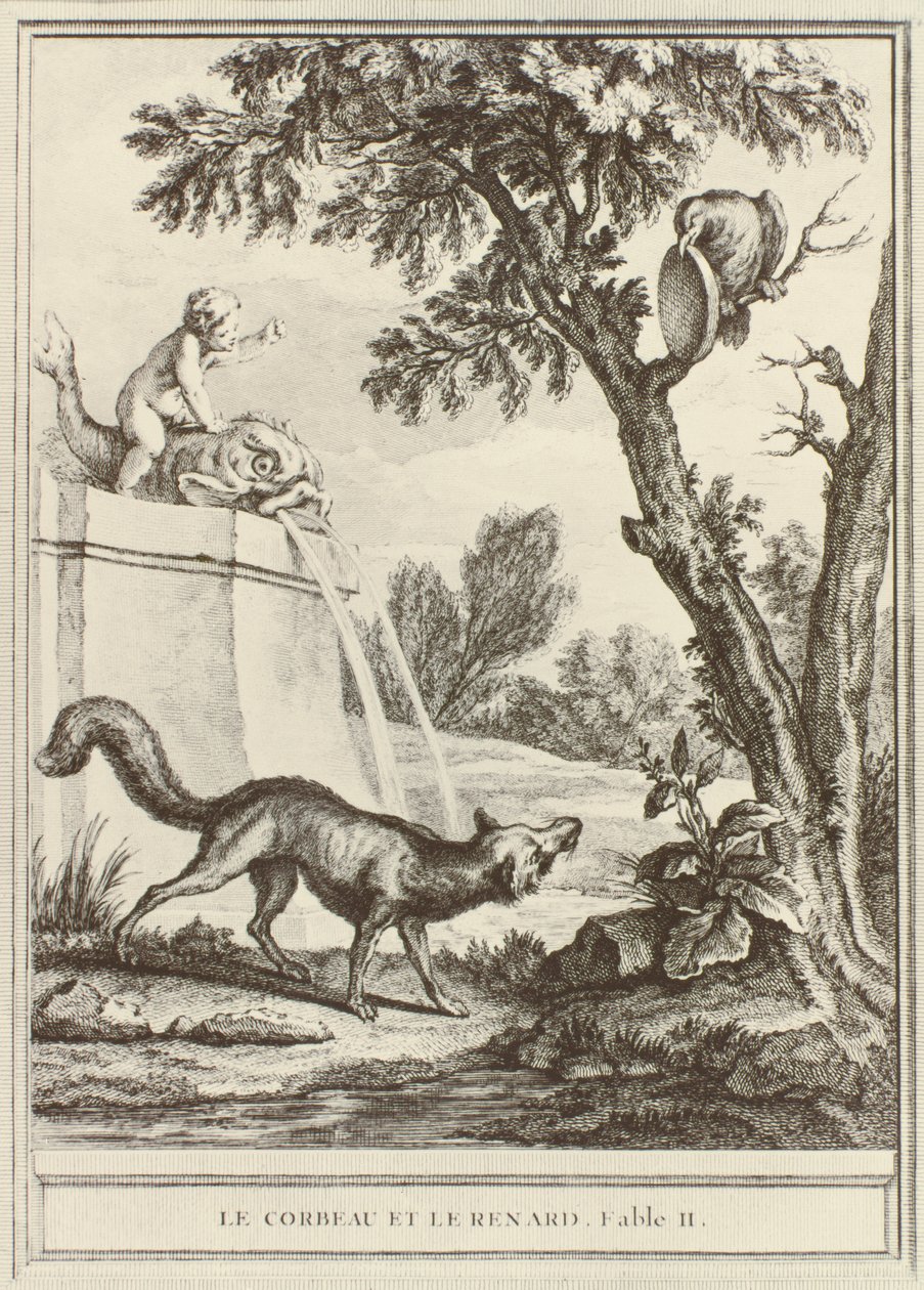 Lis i wrona, z „Fables Choisies, mises en vers” Jeana de la Fontaine, rycina Charles Nicolas Cochin, opublikowana 1755-1759 autorstwa Jean Baptiste Oudry