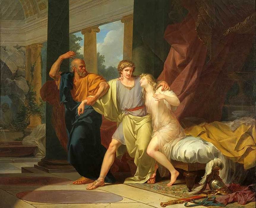 Sokrates wyciągając Alcybiadesa z uścisku Aspazji autorstwa Jean Baptiste Regnault