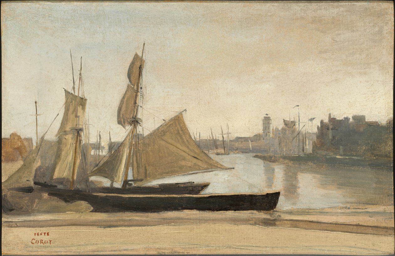 Dunkerque, łodzie rybackie przywiązane do nabrzeża autorstwa Jean-Baptiste-Camille Corot