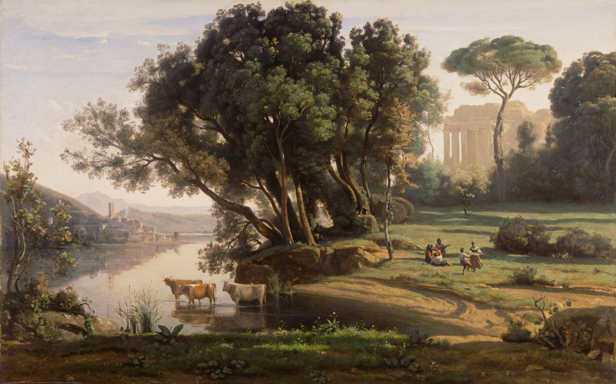Włoski krajobraz (Miejsce we Włoszech, wschodzące słońce) autorstwa Jean-Baptiste-Camille Corot
