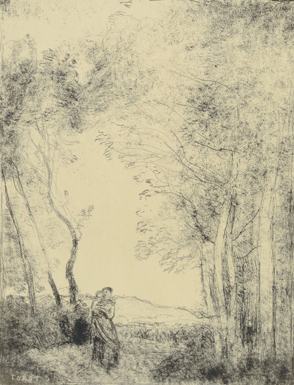 Młoda matka przy wejściu do lasu autorstwa Jean-Baptiste-Camille Corot