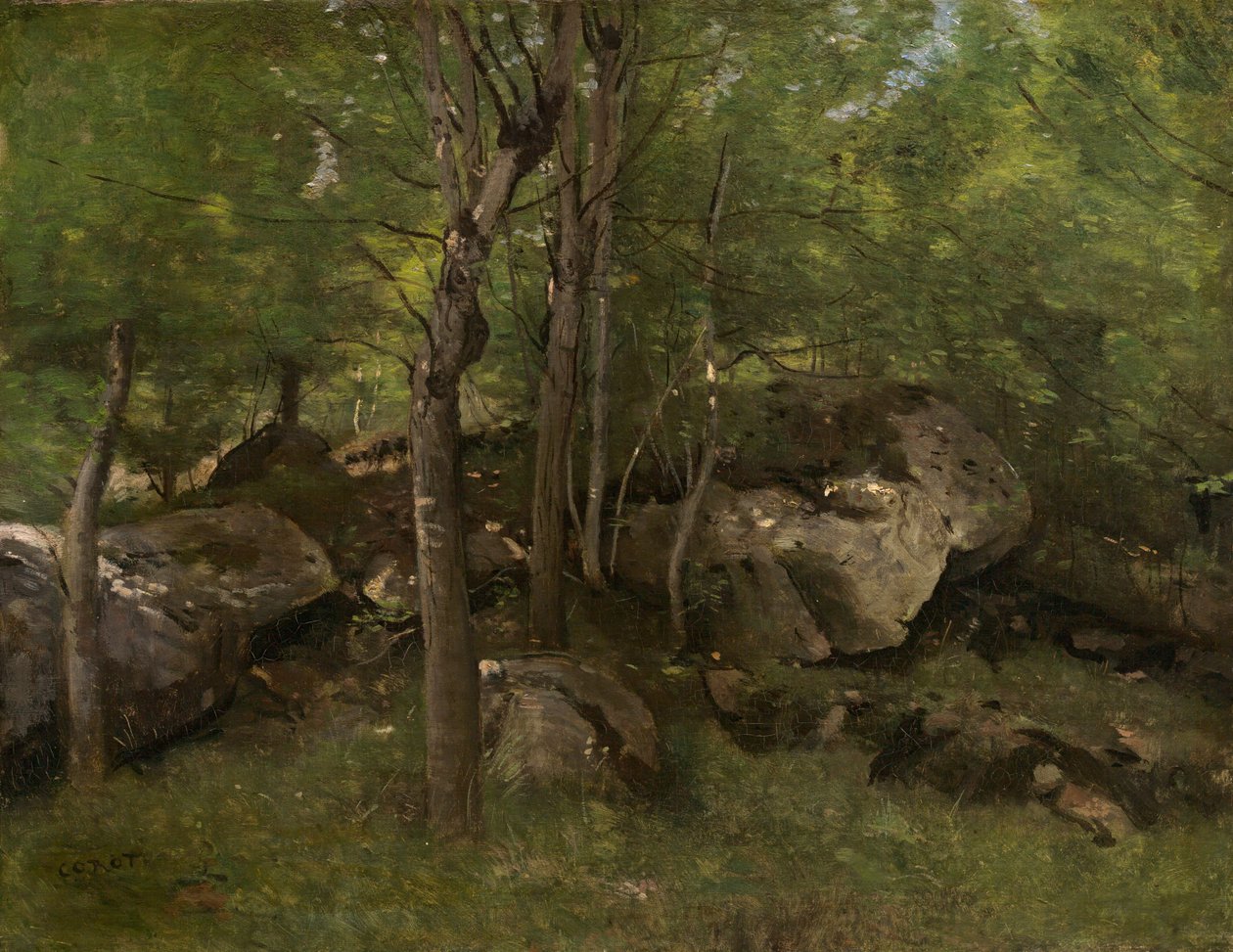 Skały w lesie Fontainebleau autorstwa Jean-Baptiste-Camille Corot
