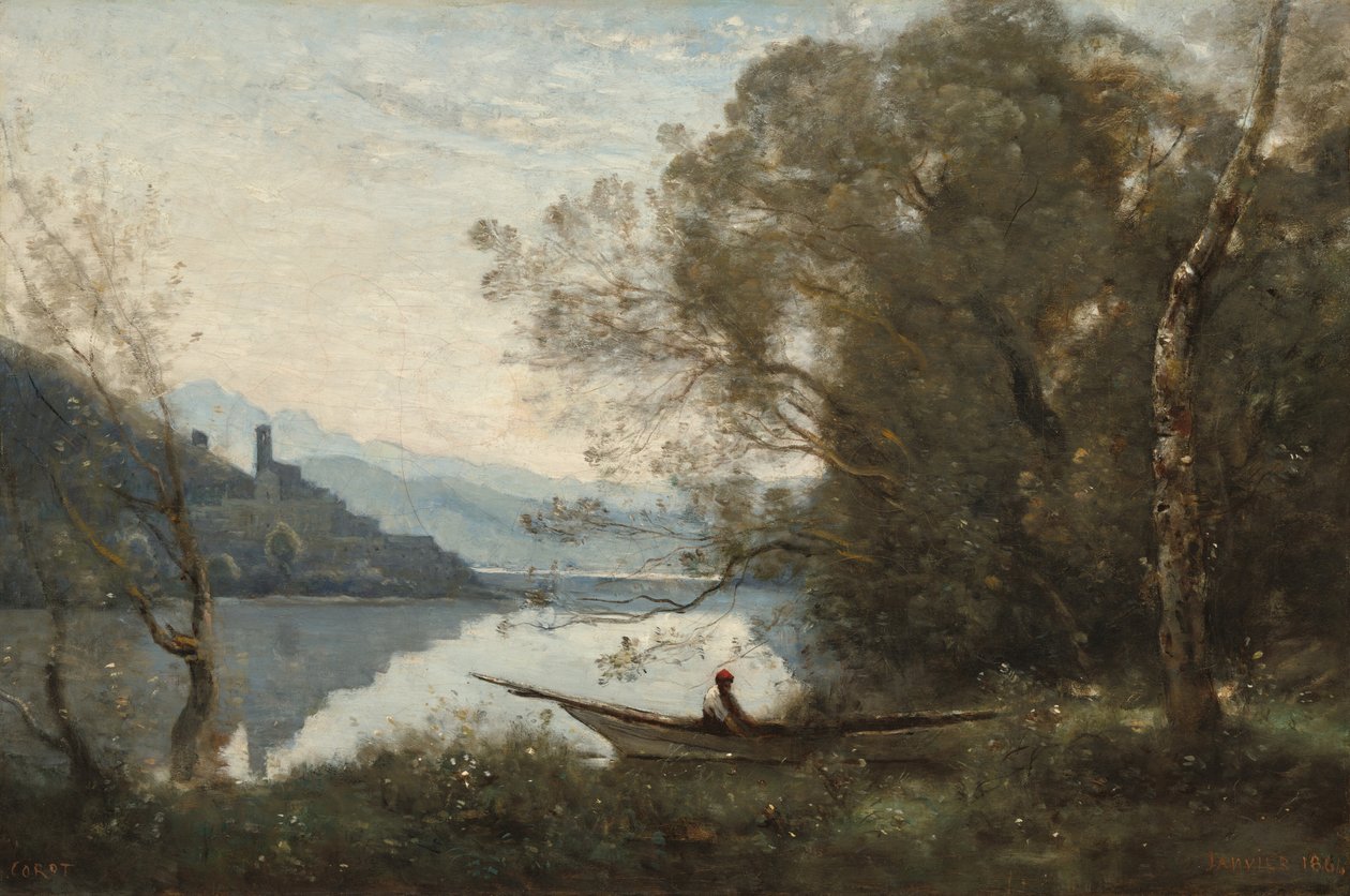 Zacumowany przewoźnik: pamiątka z włoskiego jeziora autorstwa Jean-Baptiste-Camille Corot