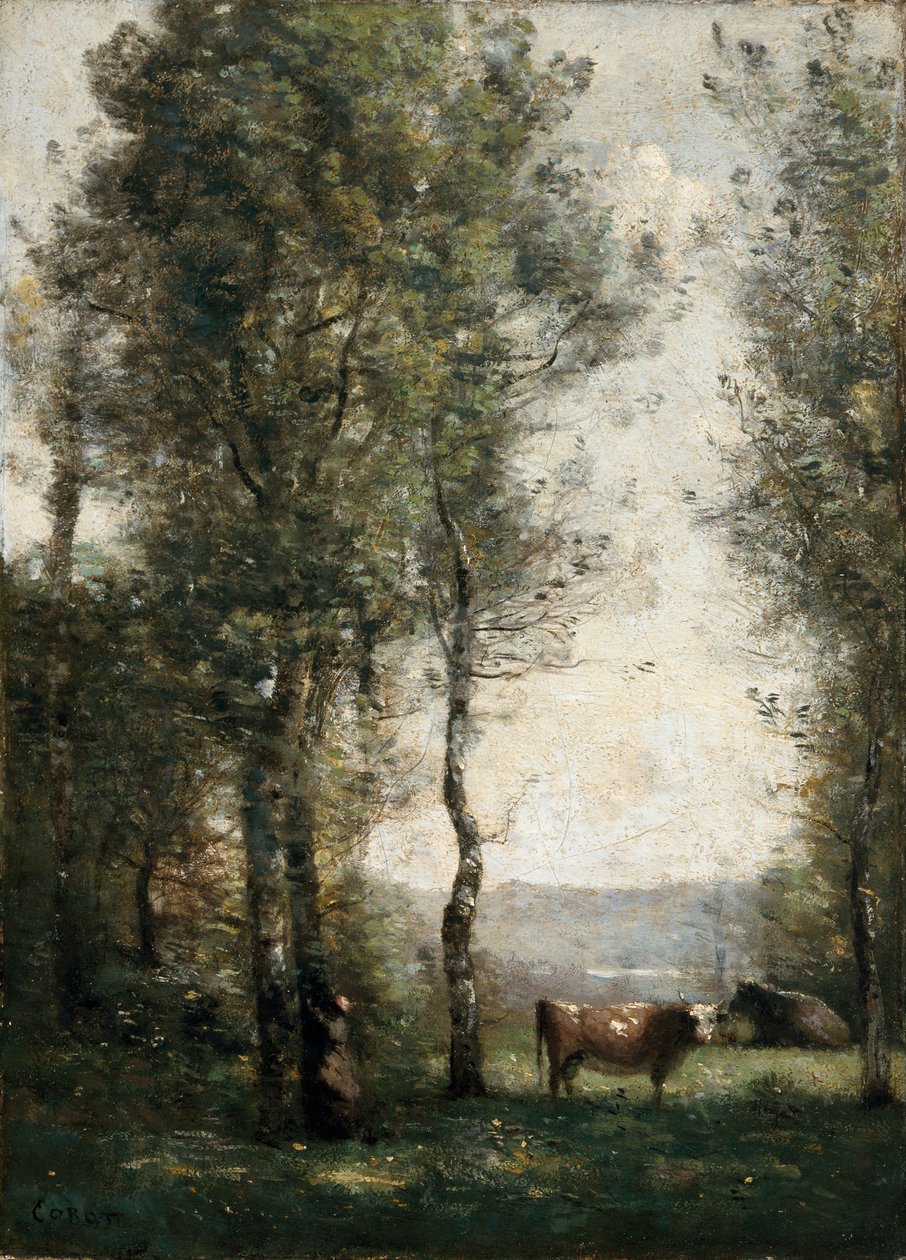 Zalesiony krajobraz z krowami na polanie autorstwa Jean-Baptiste-Camille Corot