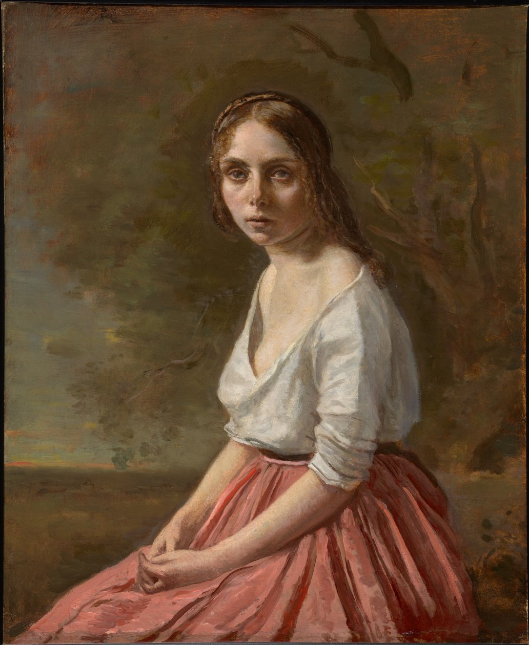 Młoda kobieta w różowej spódnicy autorstwa Jean-Baptiste-Camille Corot