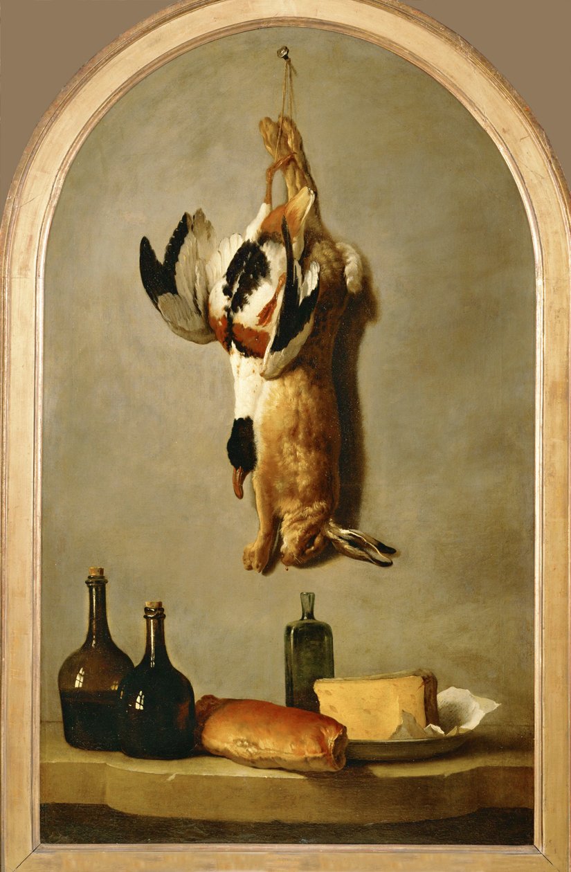 Martwa natura z martwym zającem, kaczką, butelkami, chlebem i serem ... autorstwa Jean Baptiste (school of) Oudry