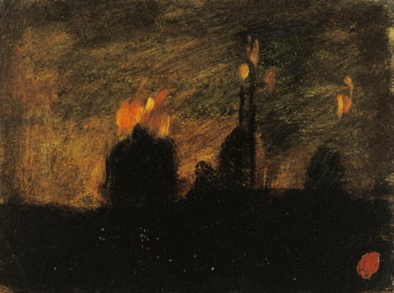 Nocna atmosfera z pożarami w St-Vast-là-haut w pobliżu Valenciennes autorstwa Jean-Baptiste Carpeaux