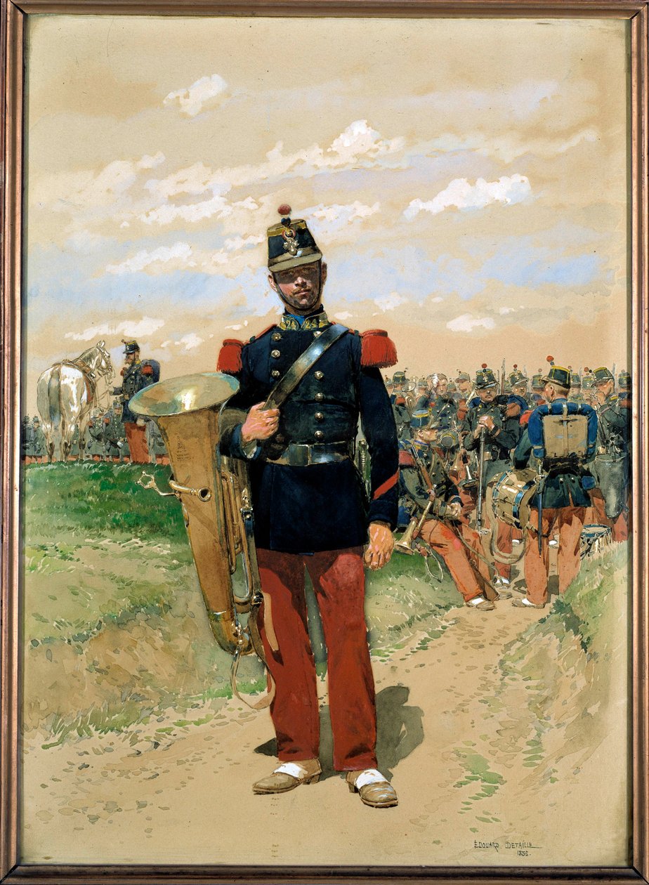 Muzyka liniowa: żołnierz orkiestry wojskowej w 1855 r. Akwarela Edouarda Detaille (1848-1912). 1855. Paryż, Musee de l