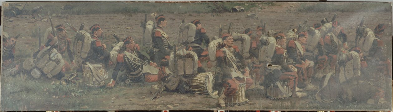 Scena wojskowa: bębny 1. pułku grenadierów (fragment panoramy Rezonville) autorstwa Jean Baptiste Edouard Detaille
