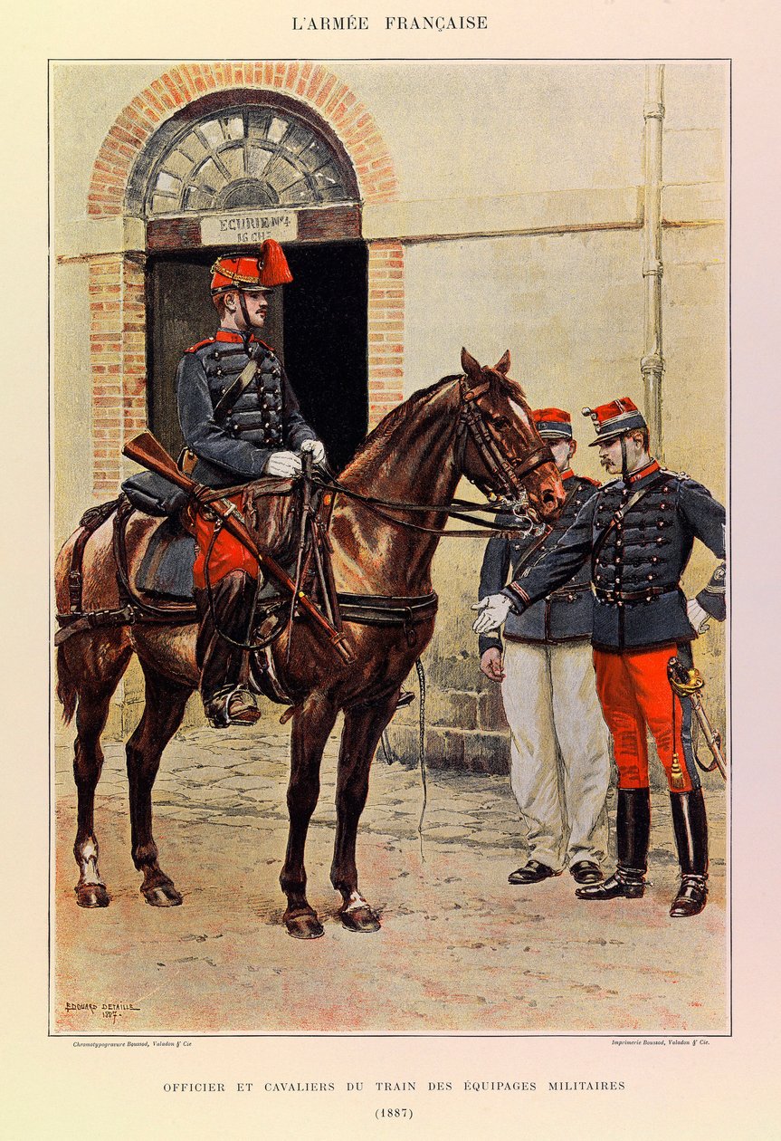 Typy i mundury francuskiego Armee kapitana Julesa Richarda, zilustrowane przez Edouarda Detaille (1848-1912): Oficer i jeźdźcy pociągu załóg wojskowych w 1887 r., zbiory prywatne autorstwa Jean Baptiste Edouard Detaille