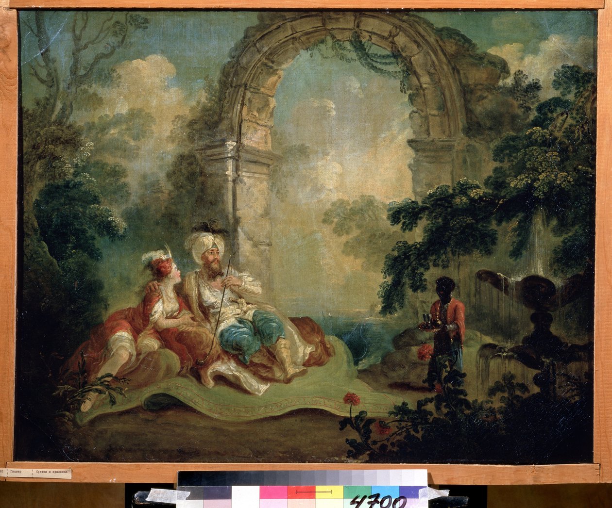 Orientalizm: „Turecki pasza i odaliska leżące na dywanie, obsługiwane przez czarnego służącego” (turecki pasza i odaliska) Obraz Jean Baptiste Hilaire (1753-ok. 1822) Muzeum Pouchkine, Moskwa autorstwa Jean Baptiste Hilaire