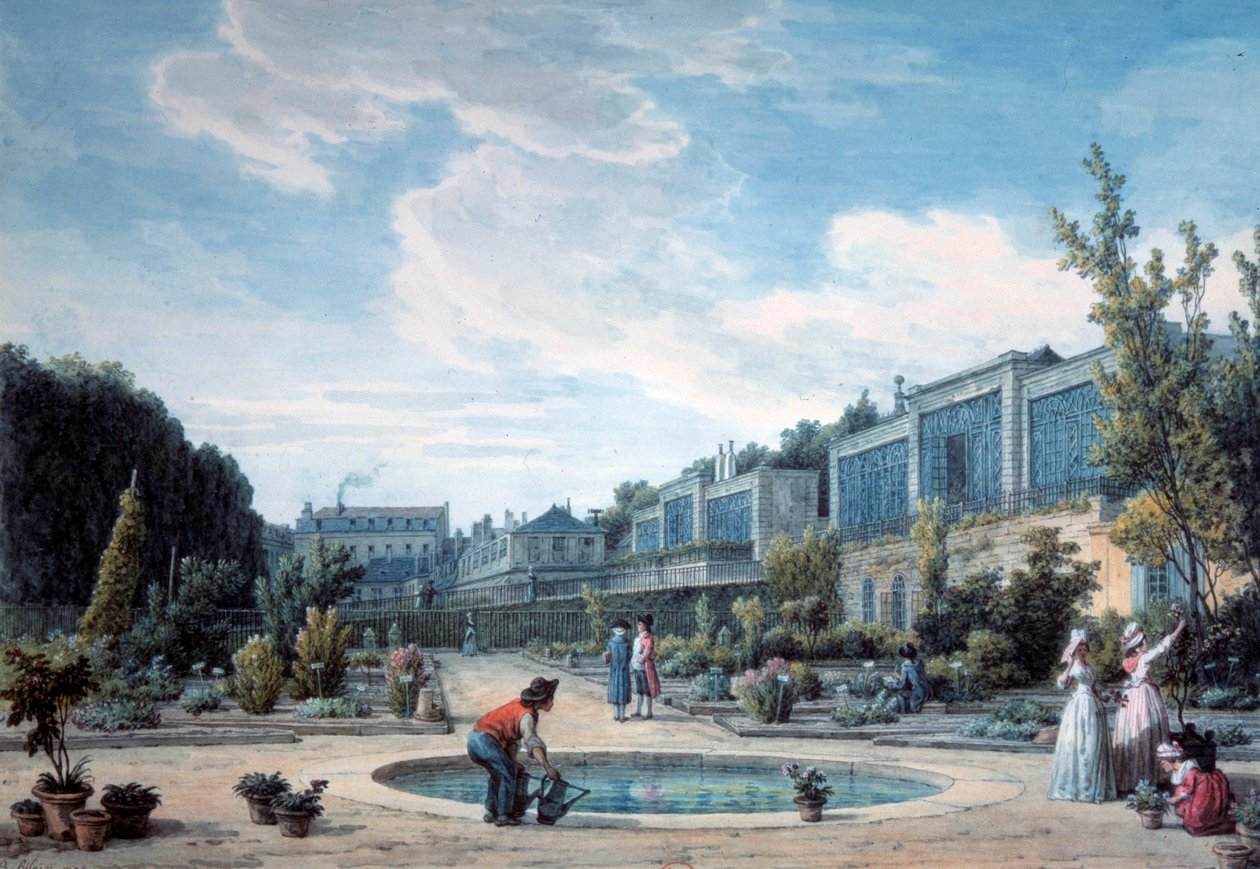 Widok na Ogród Królewski (obecny ogród roślinny). Litografia Jean Baptiste Hilaire (1753-1822) 1794 Paryż, B.N. autorstwa Jean Baptiste Hilaire