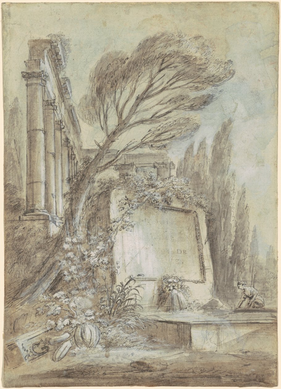 Fantazja architektoniczna przedstawiająca rzymskie ruiny z tablicą inskrypcyjną, ok. 1768 (brązowy tusz na papierze) autorstwa Jean-Baptiste Lallemand