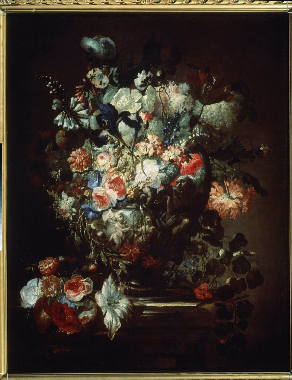 „Kwiaty” (Kwiaty). Martwa natura. Obraz Jeana Baptiste (Jean-Baptiste) Monnoyera (1636-1699). Olej na płótnie. Sztuka francuska, styl barokowy. Muzeum Sztuk Pięknych im. Puszkina, Moskwa autorstwa Jean Baptiste Monnoyer