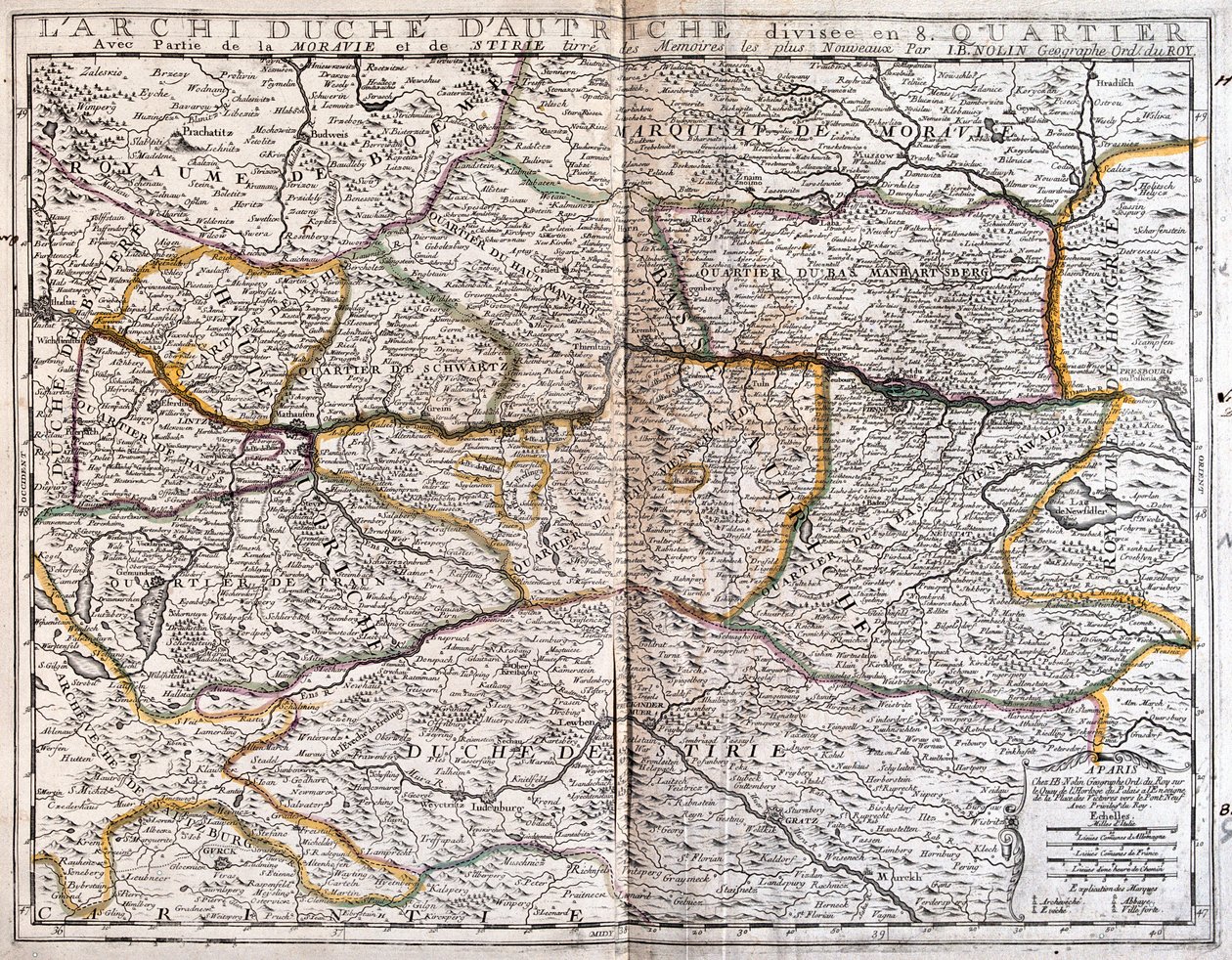 Austria (kraje związkowe: Górna Austria, Dolna Austria, Burgenland), Republika Czeska (południowa Boemia i Morawy) autorstwa Jean Baptiste Nolin