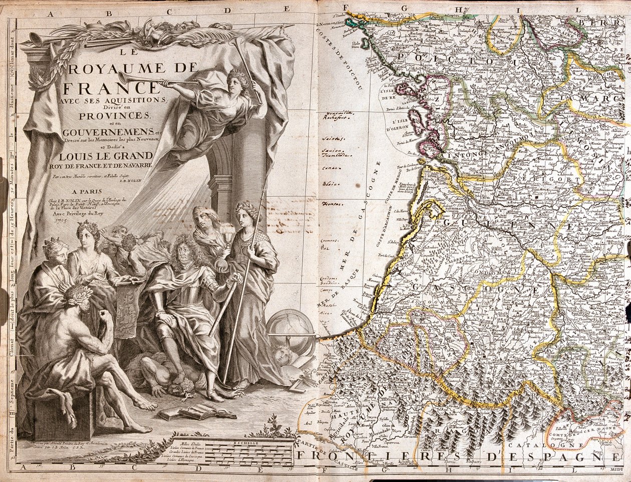 Francja (regiony: Kraj Loary, Centrum, Poitou-Charentes, Limousin, Akwitania, Midi-Pireneje), Hiszpania (Wspólnota autonomiczna: Kraj Basków, Nawarra, Aragonia, Katalonia), Andora autorstwa Jean-Baptiste Nolin