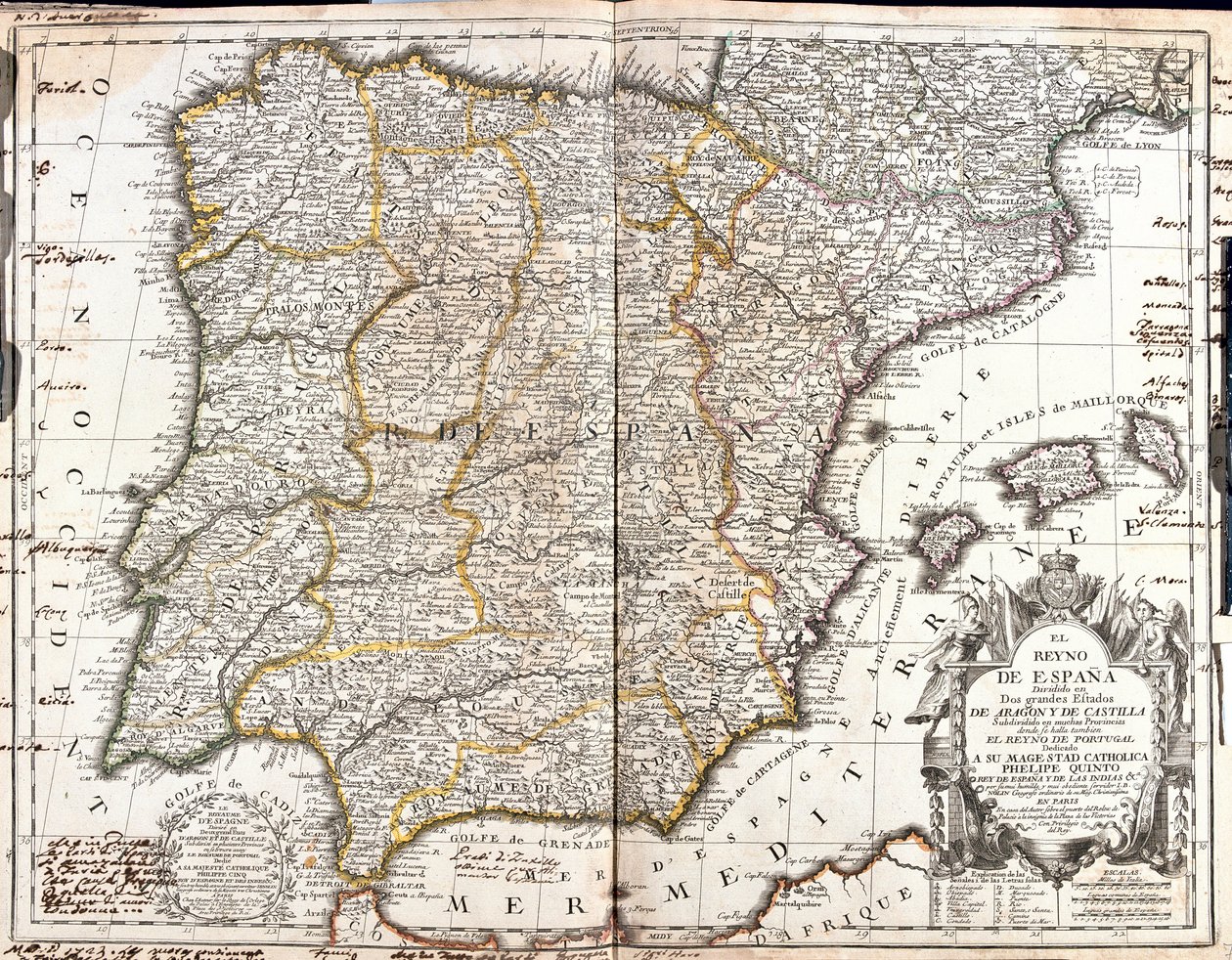 Mapa Królestwa Hiszpanii (Grawerowanie autorstwa Jean Baptiste Nolin