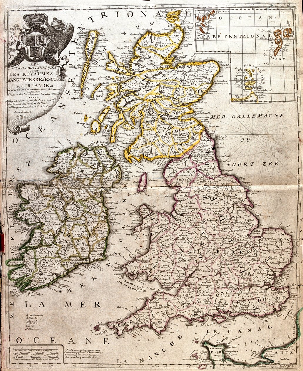 Mapa królestw Anglii, Szkocji i Irlandii (Wielka Brytania) (Grawerowanie autorstwa Jean Baptiste Nolin