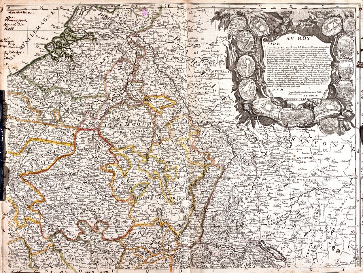Południowa Holandia, Belgia, Francja (regiony: Nord-Pas-de-Calais, Pikardia, Île-de-France, wschodnie Centrum, północna Burgundia, północne Fanche-Comté, Szampania-Ardeny, Lotaryngia, Alzacja), Szwajcaria (Kantony: Jura, Basel-Stadt, Basel-Lapd, Solothurn, autorstwa Jean-Baptiste Nolin