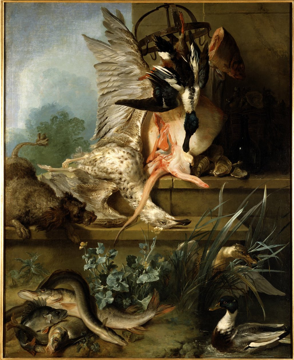 Stillleben mit einem Spaniel, der Enten jagt ("Wasser") autorstwa Jean-Baptiste Oudry