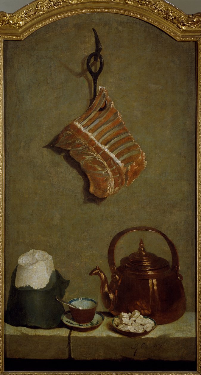 Martwa natura z ćwiartką mięsa, cukrowym chlebem, miedzianym czajnikiem i filiżanką, Jean-Baptiste Oudry (1686-1755) autorstwa Jean Baptiste Oudry