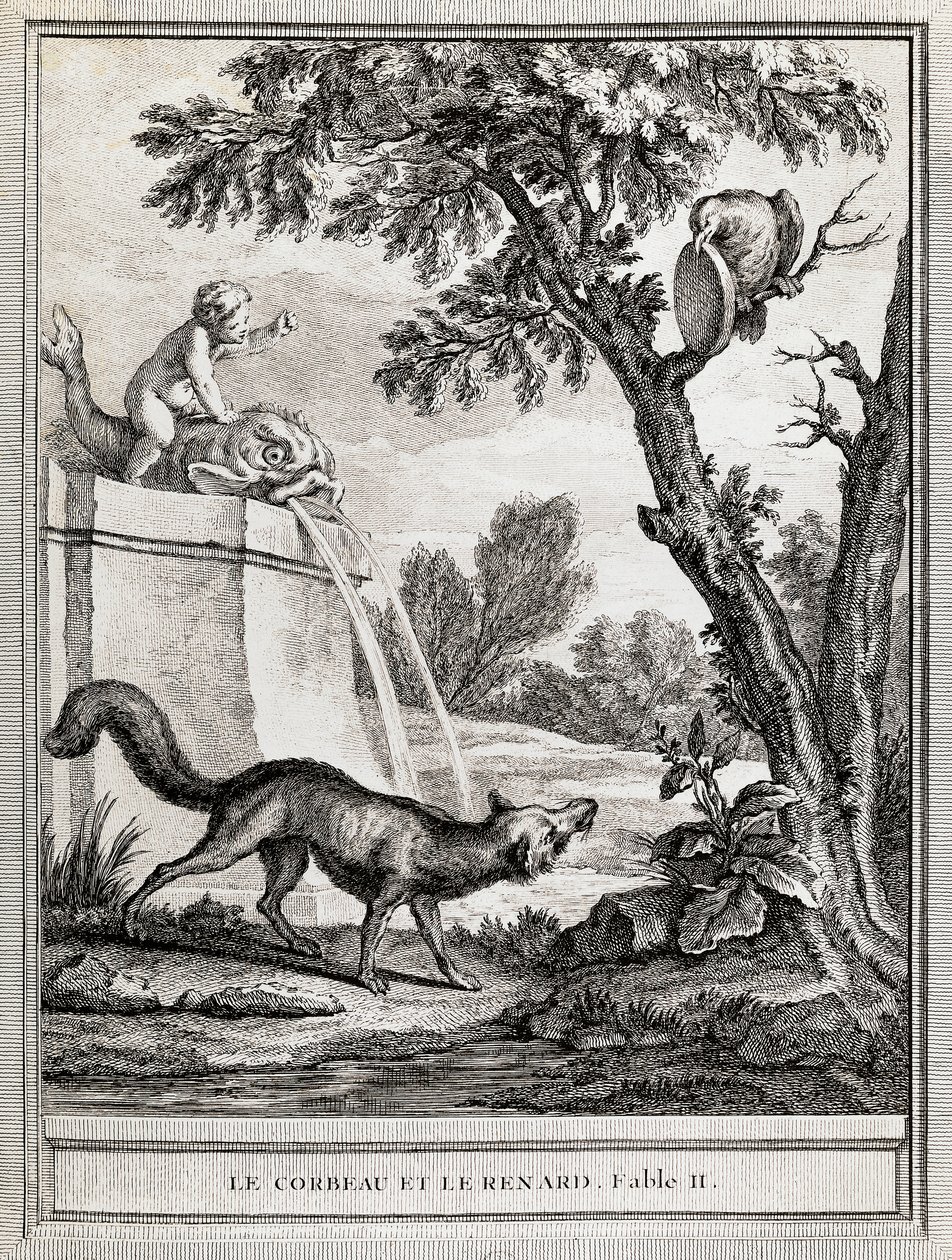 Wrona i lis, ilustracja Jean-Baptiste Oudry (1686-1755) do bajki Jeana de La Fontaine (1621-1695) autorstwa Jean Baptiste Oudry