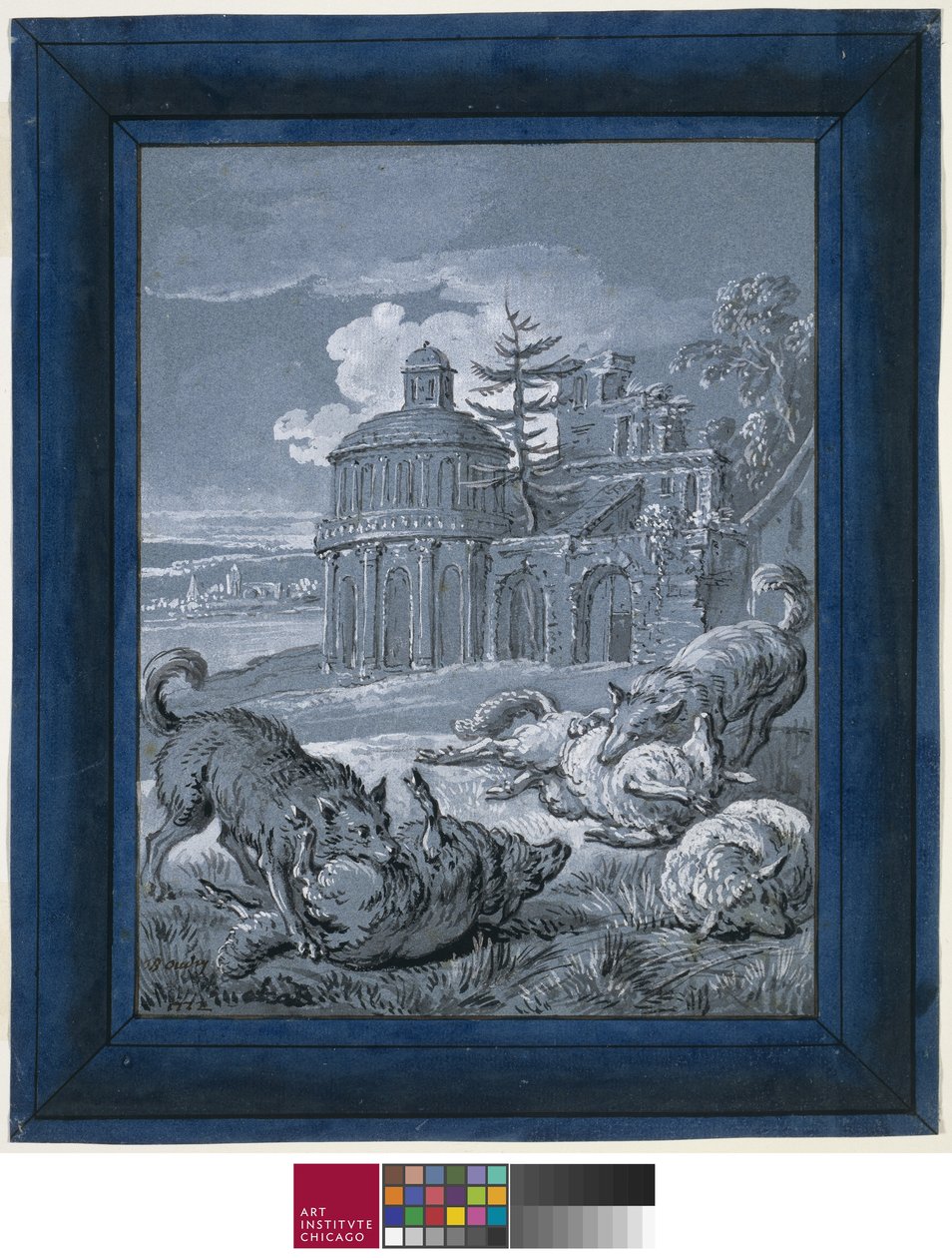 Wilki atakujące owce (Rein de Trop II) 1732 (pióro i tusz z washem i gwaszem na papierze) autorstwa Jean Baptiste Oudry