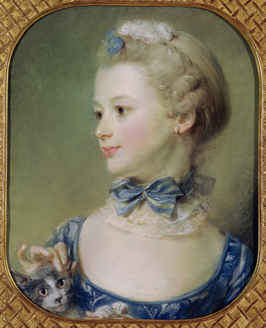 Młoda dziewczyna z kotem (pastel na pergaminie) autorstwa Jean Baptiste Perronneau